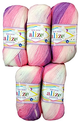 5 x 100g Babywolle Bebe Batik Flieder rosa Weiss Nr. 2135,...